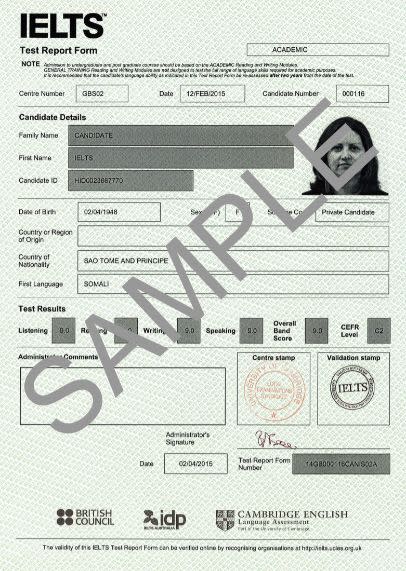 Mẫu bảng điểm IETLS của 1 ứng viên người Somali có dấu mộc của IELTS.